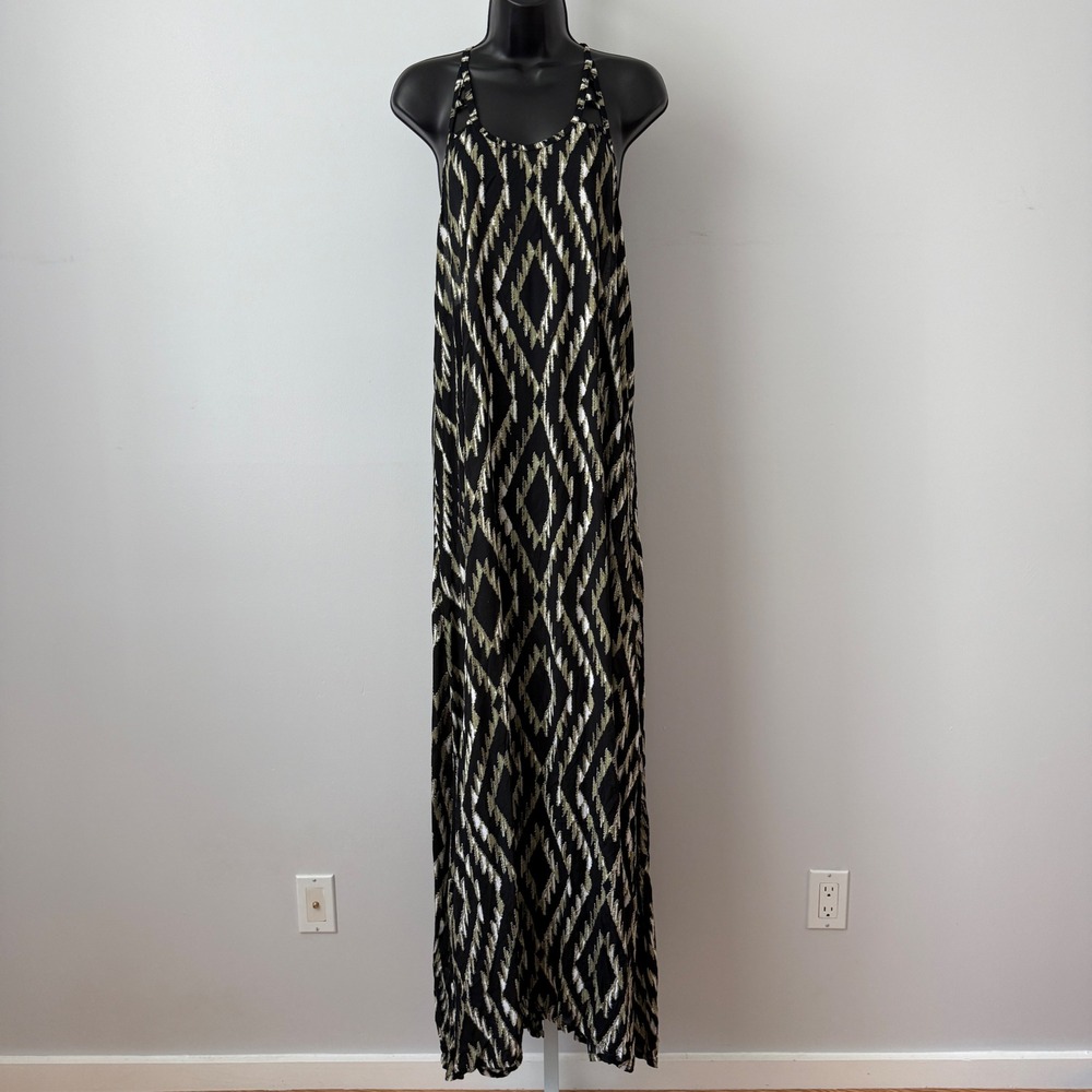 Tiare Hawaii Black Gold‎ Tribal Diamond Print Maxi Dress Halter Neck Size S